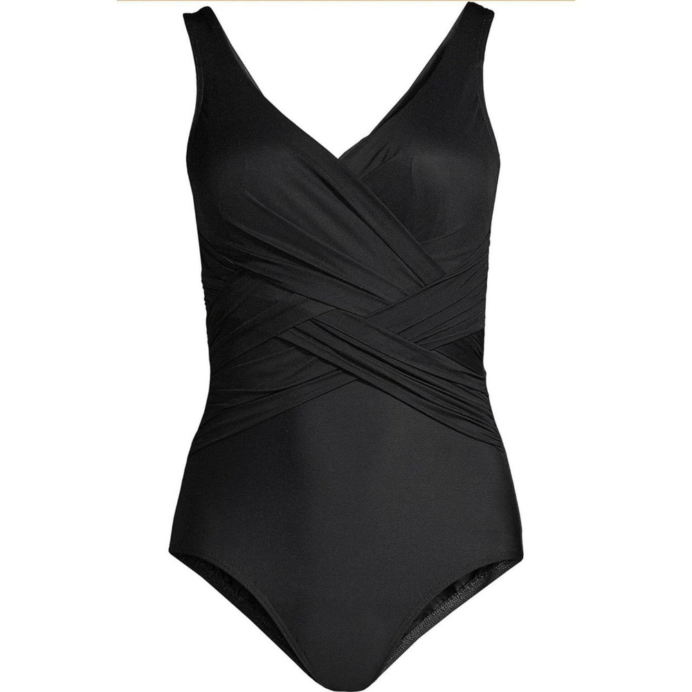 Lands End SlenderSuit Black One Piece Swimsuit Surplice Wrap 18W Slimming